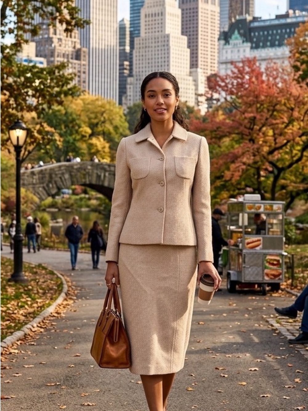 Solezia Korean Luxury Wool Blend Tweed Skirt Suit Set Beige-Rose Metallic Shimme